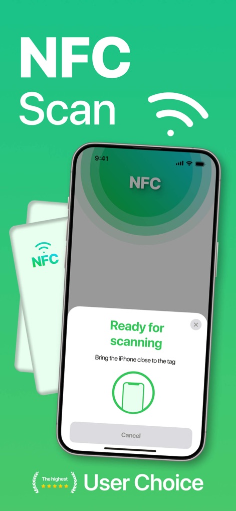 NFC Reader & Scannerㅤ - The app displays a user-friendly "Ready for scanning" overlay and highlights its recognition as a "User Choice" solution.