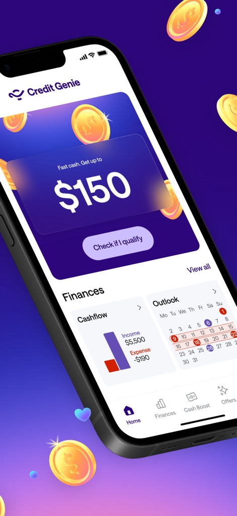 Credit Genie: Get Cash Advance - Explore the app's intuitive dashboard, presenting a quick cash advance option and a clear overview of cash flow and future financial outlook.