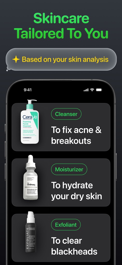 Maxxing: LooksMaxxing Glow Up - Based on individual skin analysis, the app recommends tailored product solutions, including specific cleansers for breakouts and moisturizers for hydration.