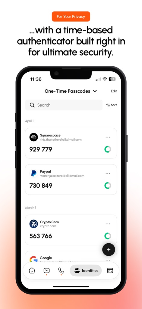 Cloaked: Protect your privacy - The app integrates a powerful authenticator, displaying dynamic "One-Time Passcodes" for critical accounts such as "Squarespace" and "Paypal".