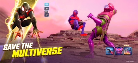 MARVEL Strike Force: Squad RPG - Esta captura muestra la intensidad de las batallas contra villanos legendarios como Kang el Conquistador, destacando los detallados modelos 3D de los personajes y un entorno de combate vibrante.