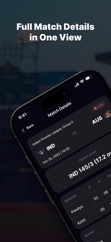 SmartCricTV – Live Cricket HD - The app delivers comprehensive match details, featuring current scores with overs breakdown and individual player statistics for batsmen and bowlers.