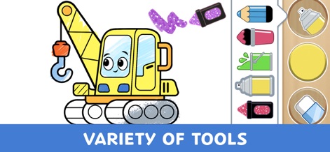 Kids Coloring Games & Drawing - Nutzer können ein Baustellenfahrzeug wie diesen Kran mit einer vielfältigen Auswahl an digitalen Malwerkzeugen und Farben individuell gestalten.