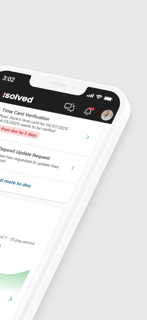 isolved People Cloud - This tool streamlines critical tasks, presenting urgent 'Time Card Verification' alerts and 'Deposit Update Request' notifications within a centralized 'To-Dos' section for proactive engagement.