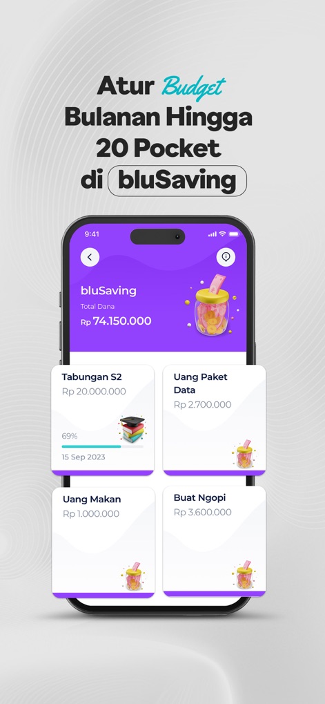 blu by BCA Digital - La función 'bluSaving' permite crear hasta 20 bolsillos de ahorro, con seguimiento del progreso y visualización de montos específicos para cada objetivo.