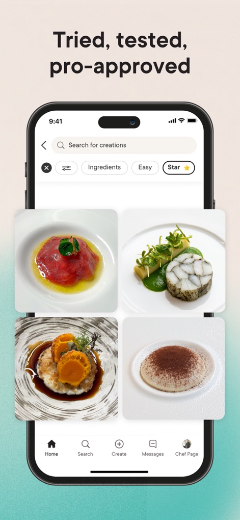 Gronda: Recipes for Chefs - Users can explore a gallery of visually stunning plated dishes, enhancing inspiration, and utilize search filters like "Star" to refine their culinary exploration.