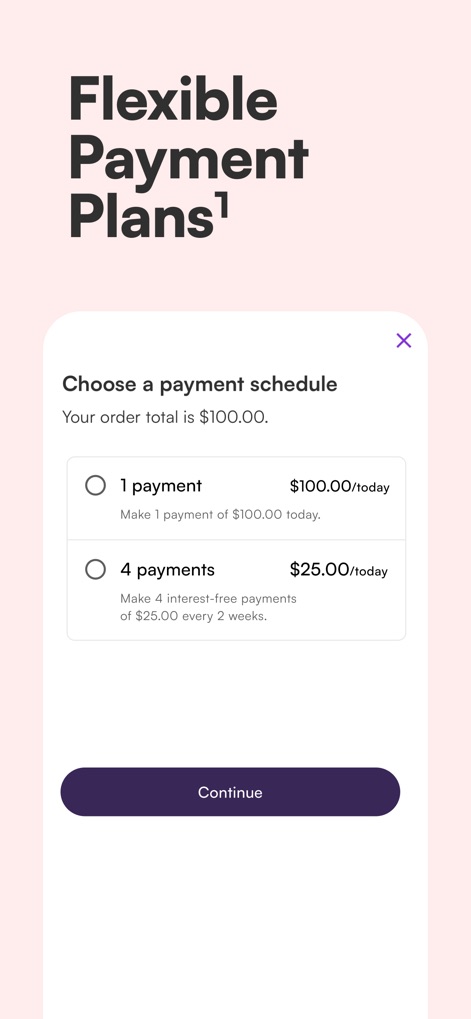 Sezzle: Buy Now, Pay Later - Users can easily select a "payment schedule," choosing between a single payment or "4 interest-free payments" to manage their budget effectively.