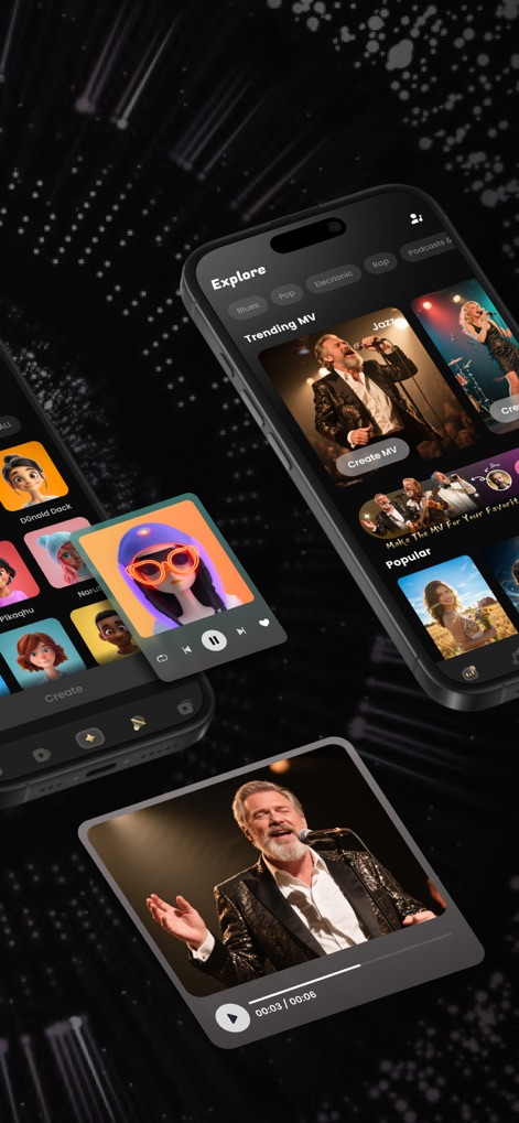 Music AI - MV Video Generator - Users can navigate the "Explore" section with genre filters like "Blues" and "Electronic" to discover trending music videos and artists.