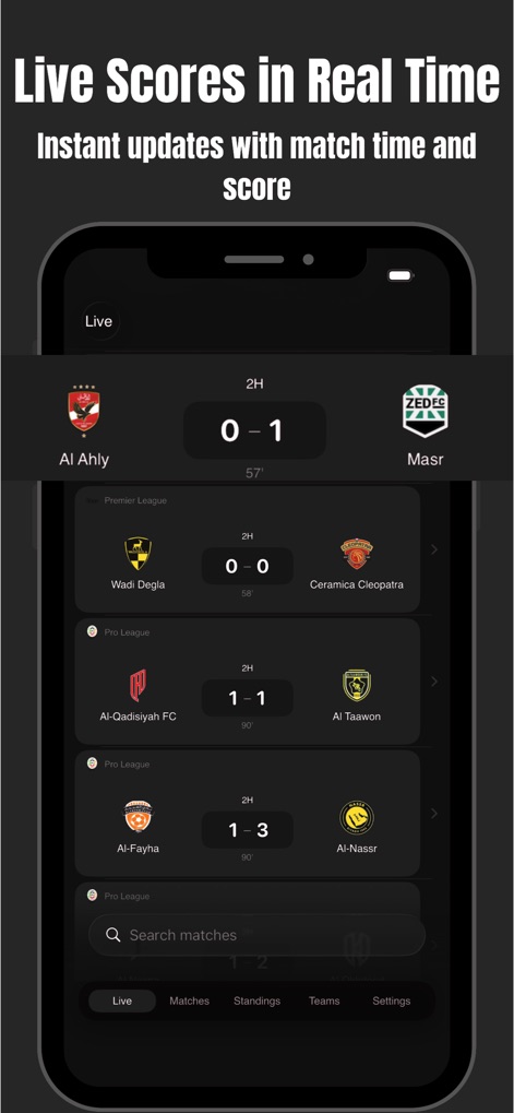 Rodjo Black - Match - Users can track live scores in real time, featuring instant updates with current match times like '57' for Al Ahly vs. Masr and constantly refreshing scores.