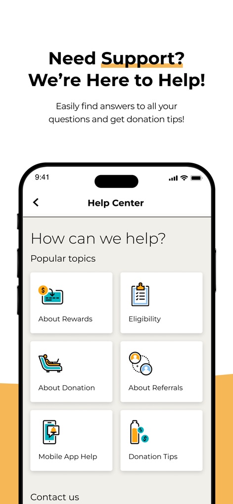 CSL Plasma - Users can access a well-organized Help Center with popular topics, including detailed information about rewards and eligibility requirements.