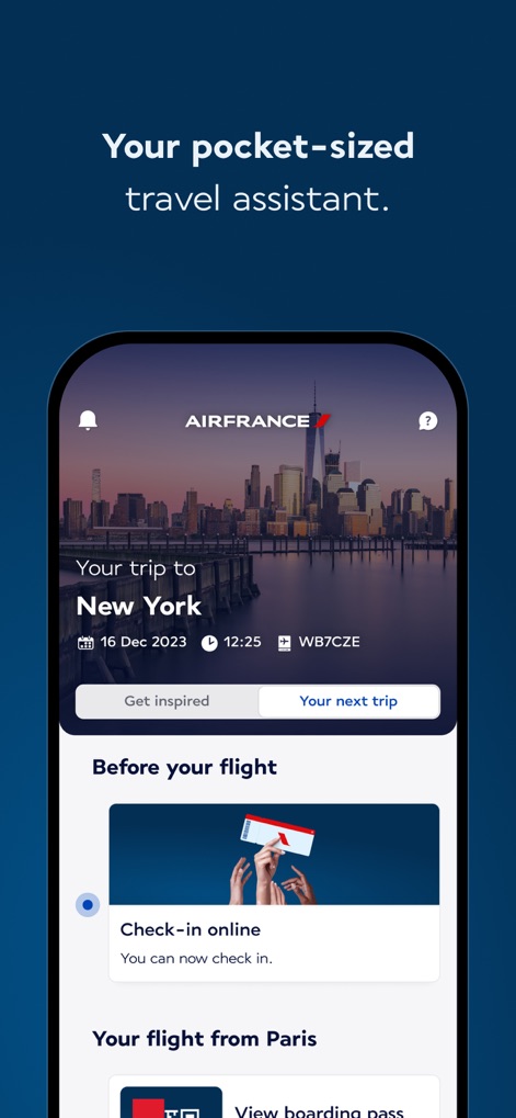 Air France - Book a flight - Users can easily view their next trip's essential details and access pre-flight actions like online check-in, ensuring a smooth departure process.
