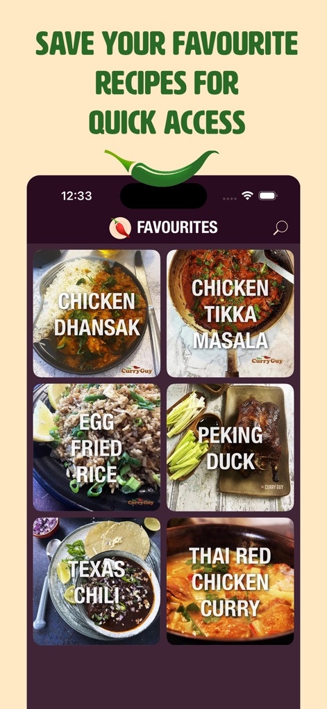 The Curry Guy - Spiced Recipes - Accedete rapidamente ai piatti amati tramite la sezione "Favourites", dove gli utenti possono visualizzare una griglia di ricette personalmente selezionate come "Chicken Dhansak" e "Chicken Tikka Masala".
