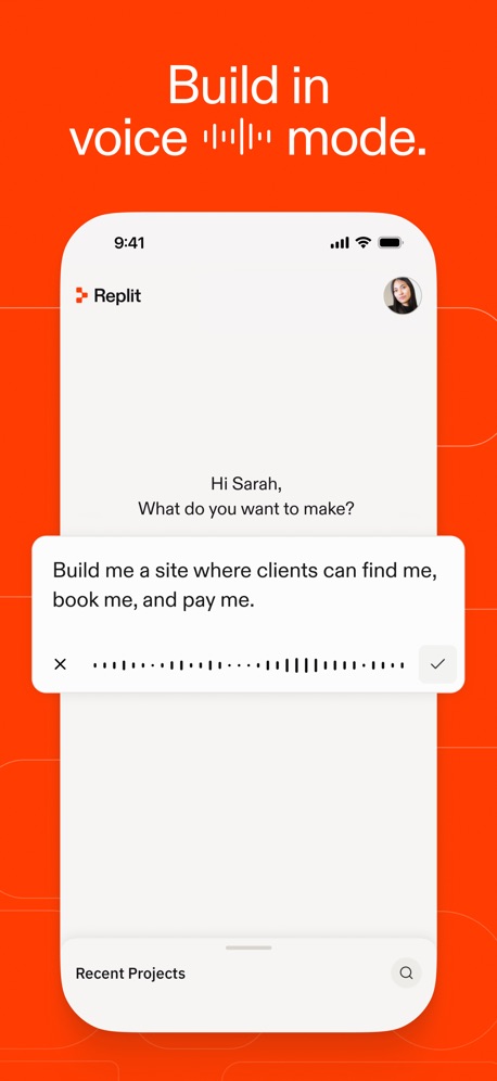 Replit: Vibe Code with AI Fast App Store screenshot 3, headline “Build in voice ▂▂▂▂▂ mode.”. A person in the picture.