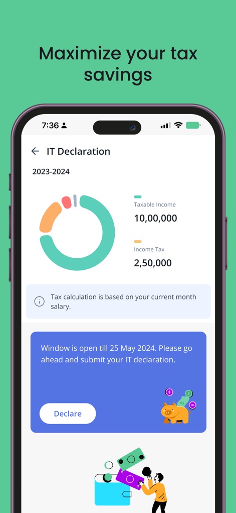 greytHR - the one-stop HR App - The app assists with tax declarations, presenting a visual breakdown of 'Taxable Income' and 'Income Tax' via a circular chart, alongside a prominent 'Declare' button for submission.
