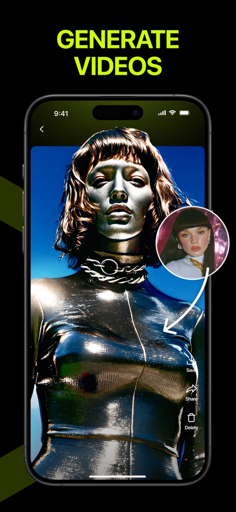 HG - AI Video Generator - The app demonstrates its "GENERATE VIDEOS" capability, presenting a sophisticated metallic effect derived from an input photo, alongside clear "Save" and "Share" options.