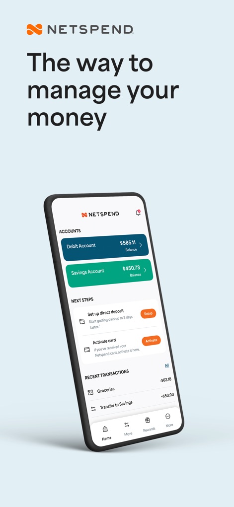 Netspend - 사용자는 이 앱의 직관적인 대시보드에서 직불 계좌 잔액과 저축 계좌 잔액을 한눈에 확인하며, 최근 거래 내역과 다음 단계를 쉽게 파악할 수 있습니다.