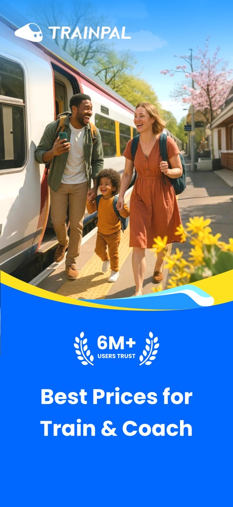 TrainPal: UK& EU train tickets - Die App zeigt ein glückliches Paar mit Kind beim Einstieg in den Zug und hebt die beeindruckende Zahl von über 6 Millionen vertrauensvollen Nutzern hervor, um die Beliebtheit und Zuverlässigkeit des Dienstes zu unterstreichen.