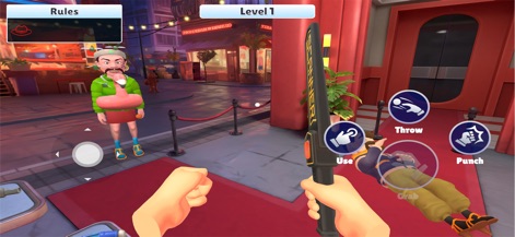 I Am Security - Understand the consequences of player actions, demonstrated by a guest on the ground, and track progress with the clear 'Level 1' indicator.