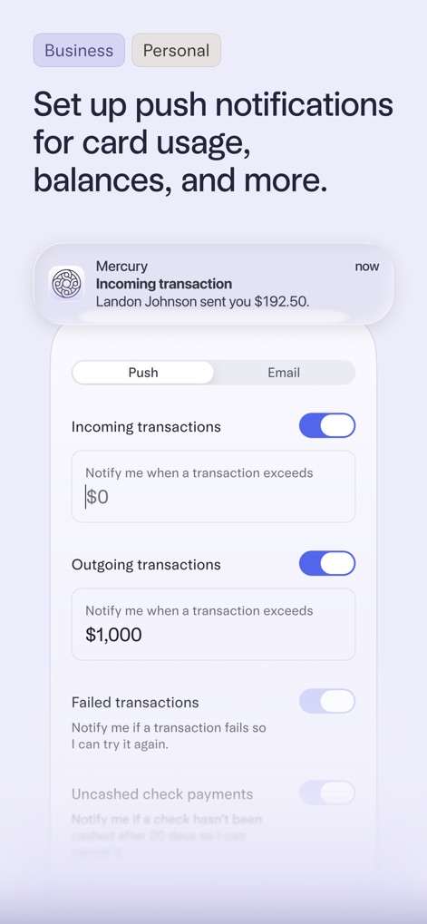 Mercury | Bank Differently - The app empowers users with proactive financial oversight, providing an "incoming transaction notification preview" and granular "transaction threshold toggles" for custom alerts.