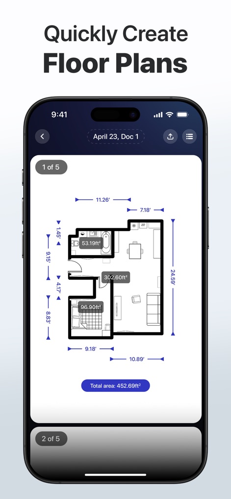 3D Snap: LiDAR Scanner & Ruler - This feature highlights the app's ability to rapidly create detailed floor plans, complete with room area calculations and overall space dimensions for quick review.