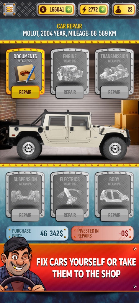 Cars Dealer Simulator - Questo screenshot illustra il sistema di riparazione dettagliato dell'app, dove gli utenti possono gestire interventi su componenti specifici come il "Motore" o la "Carrozzeria", investendo saggiamente per massimizzare il profitto.
