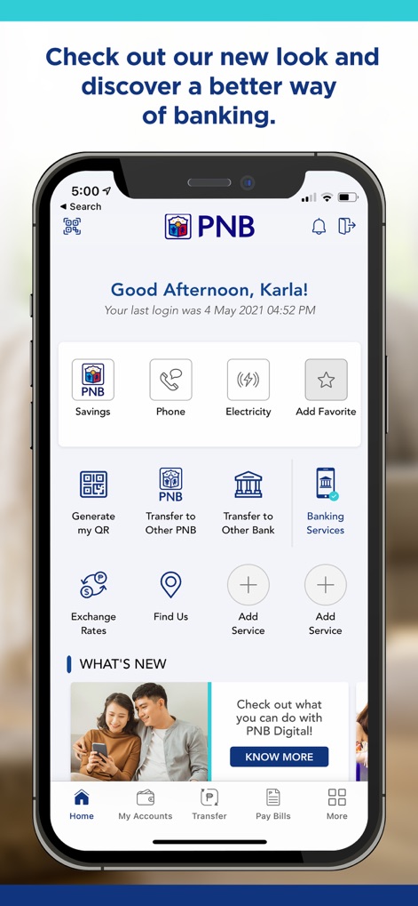 PNB Digital - La aplicación presenta un diseño moderno y organizado, con íconos claros para servicios como 'Savings' y un saludo personalizado para el usuario 'Karla'.