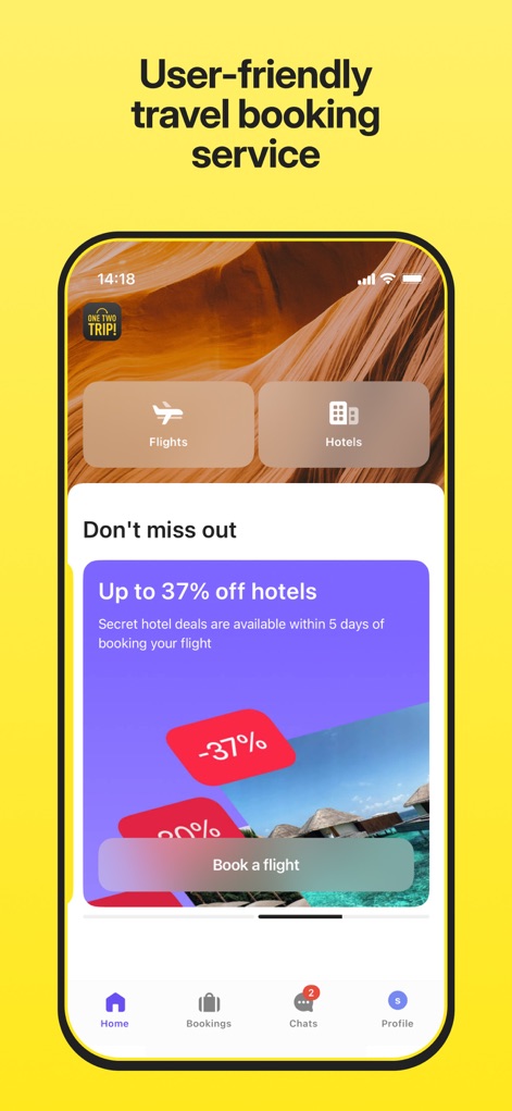 OneTwoTrip Flights and Hotels - The app simplifies initial searches with prominent 'Flights' and 'Hotels' selection buttons, complemented by dynamic 'Don't miss out' sections highlighting hotel deals.
