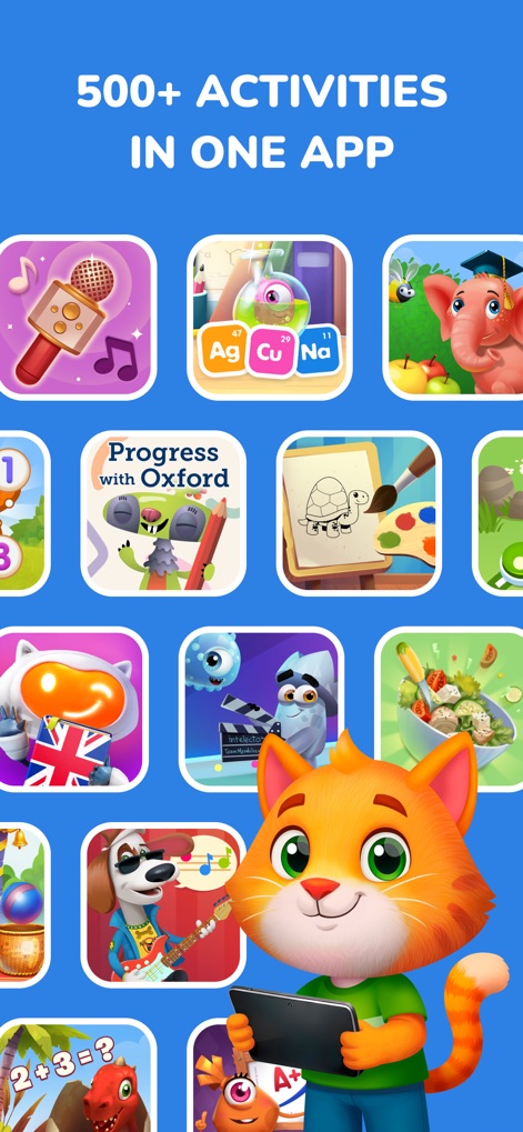 Intellecto Kids Learning Games - La aplicación ofrece una biblioteca expansiva de actividades lúdicas, destacando desde un simpático gato interactuando con un tablet hasta una serie de iconos que cubren materias como música y ciencia.