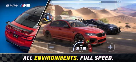 Racing Kingdom - Experience the adrenaline of classic drag races in the app, showcasing a high-performance BMW M5 speeding through a detailed desert landscape, with a realistic speedometer indicating current velocity.