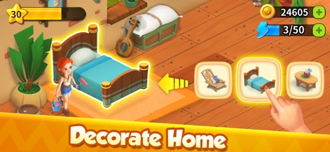 Family Farm Adventure - L'application permet aux utilisateurs de transformer leurs espaces grâce à l'interface de sélection de meubles et l'interaction directe avec le personnage pour chaque ajout décoratif.