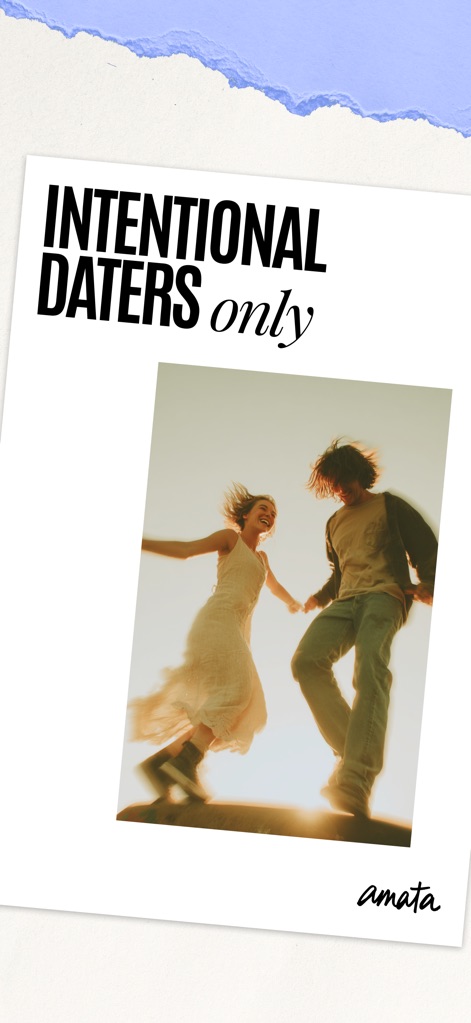 Amata: Matchmaking Club - This screen emphasizes the app's focus on "INTENTIONAL DATERS only" by featuring a joyful couple and the prominent "amata" branding.