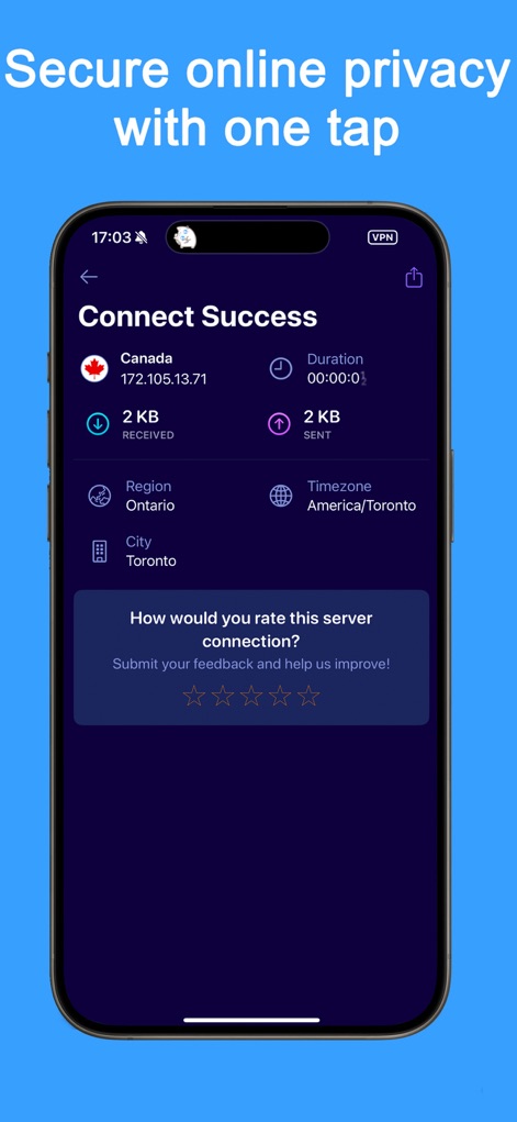 VPN Proxy Fast - Super VPN - Upon successful connection, this screen provides key session details, including the virtual IP address and connection duration, followed by a user feedback prompt.