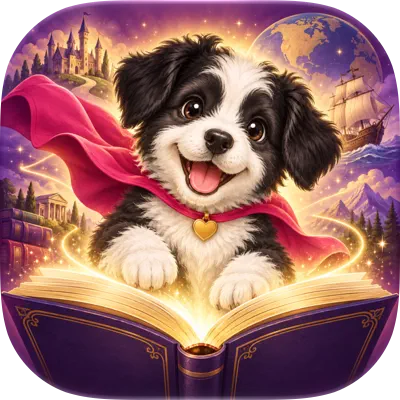 Jenna Lynn Featherstone Books app icon: Baby the Super Dog with an open, glowing storybook
