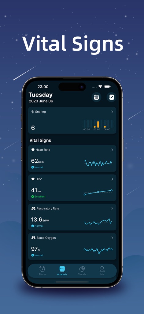 iSleeper: Sleep Tracker - Nutzer erhalten eine Übersicht über ihre Vitalwerte während des Schlafs, dargestellt durch übersichtliche Grafiken für Herzfrequenz und Herzfrequenzvariabilität (HRV).