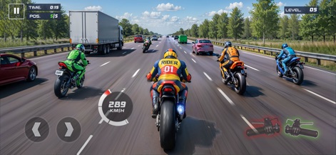 Rider 3D Racing Bike Games - Esta visão dinâmica de terceira pessoa revela uma intensa corrida na rodovia, com múltiplas motocicletas competindo em alta velocidade e carros de tráfego que adicionam desafio ao ambiente.