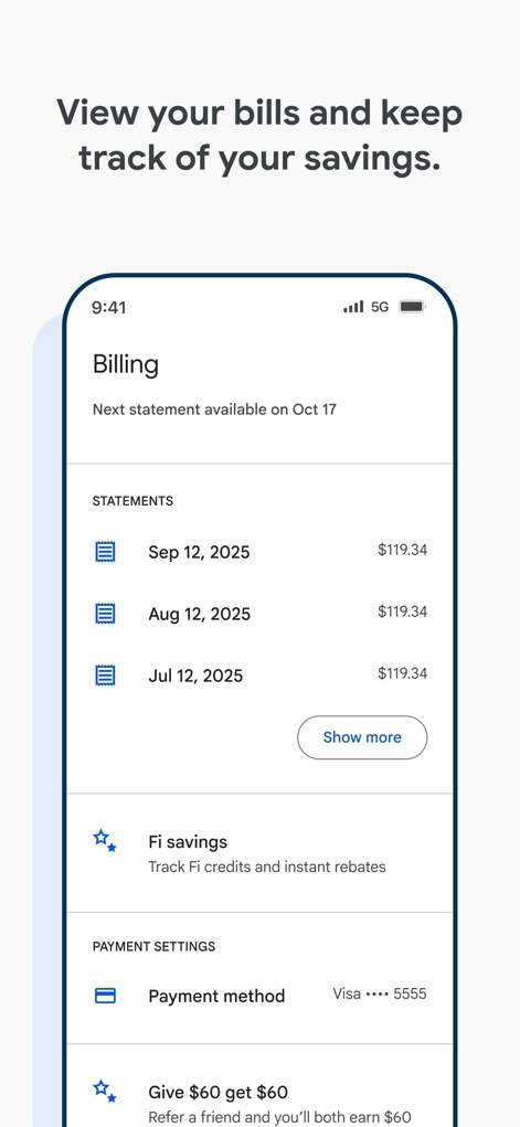 Google Fi Wireless - ユーザーは「Billing」セクションで過去の請求書（例：2025年9月12日付け）と金額を確認でき、Fi savingsの機能を使って獲得したクレジットやリベートを追跡し、支出を管理できます。
