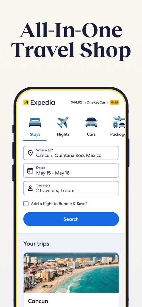 Expedia: Hotels, Flights, Cars App Store screenshot 1, headline “All-In-One Travel Shop”. Solid background.