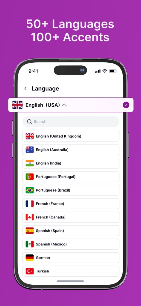 Text Reader - Text to Speech - The app offers extensive linguistic versatility, displaying a dropdown list of 50+ languages and accents alongside a convenient search bar for instant selection.