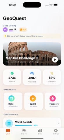 GeoQuest: fun geography quiz iPhone screenshot
