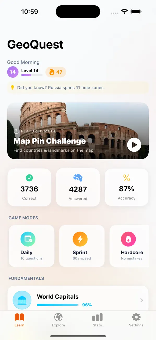 Screenshot #1 pour GeoQuest: fun geography quiz