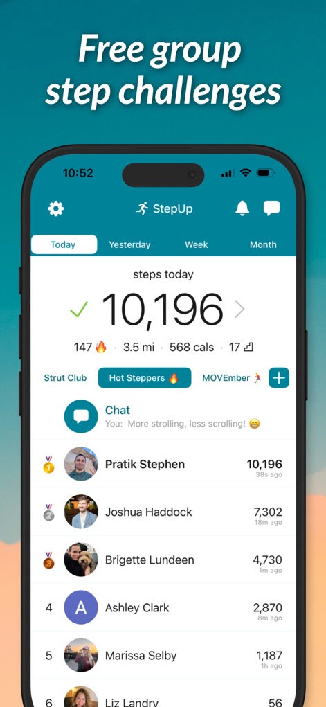 StepUp Pedometer Step Counter - Users can easily join or create group step challenges, visible through dedicated group tabs, and engage directly with friends using the integrated chat feature.