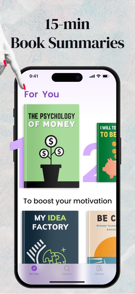 kitUP: Micro Learning Everyday - This tool highlights its efficient 15-minute book summaries, presenting a personalized 'For You' section with featured book covers and clear numbering for sequential learning.
