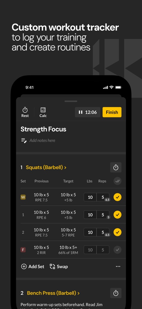 Boostcamp: Workout Programs - Questo strumento offre una flessibilità completa nella pianificazione, mostrando la lista degli esercizi pianificati come Squats e Bench Press con tutti i dettagli, e consentendo opzioni di personalizzazione come 'Add Set' o 'Swap Exercise' per adattare la routine.
