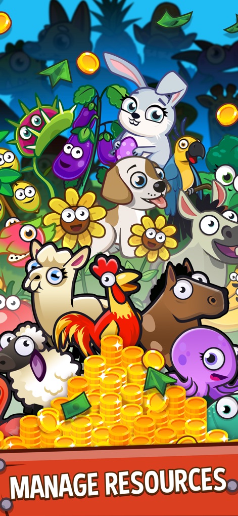 Idle Farming Empire - Dieses Bild verdeutlicht die beeindruckende Vielfalt an gesammelten Tieren und Pflanzen, von Hasen bis zu Alpakas, sowie den erzielten Reichtum in Form von riesigen Stapeln Goldmünzen und Banknoten.