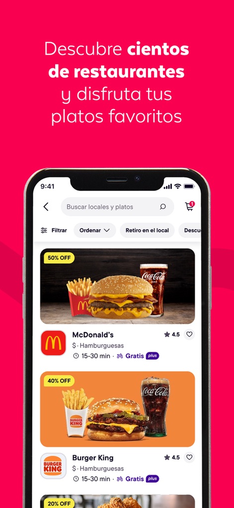 PedidosYa - Food Delivery - Navigate through a curated list of 'restaurant' partners, complete with enticing discounts and ratings, easily refined using the app's robust filter and sort options.