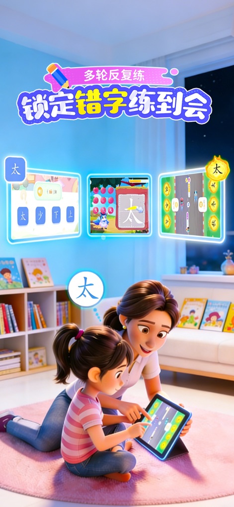 宝宝巴士汉字-儿童识字认字早教启蒙学习软件 - Dieses Modul der App demonstriert einen gezielten Wiederholungsmechanismus, bei dem ein Kind zusammen mit einem Erwachsenen auf dem Tablet interagiert, um verwechselte oder falsch gelernte Zeichen durch interaktive Übungen zu festigen.