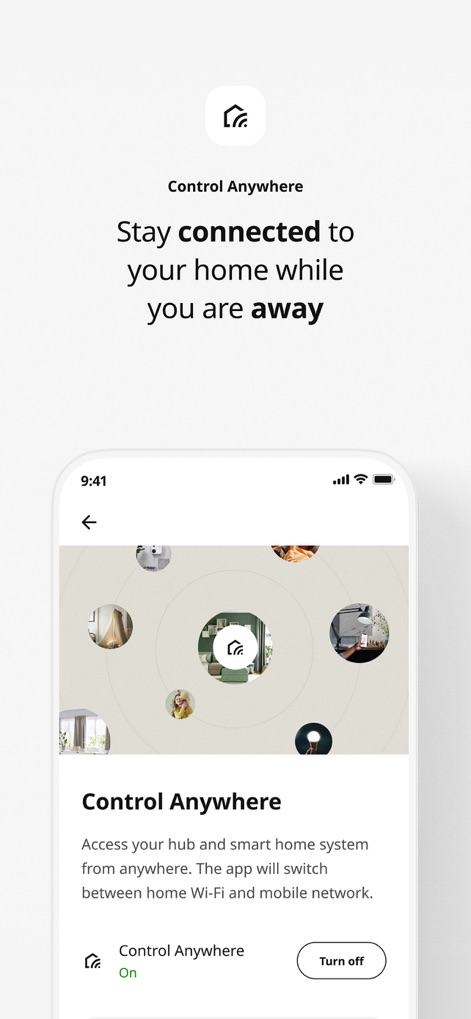 IKEA Home smart - La funzionalità "Control Anywhere" consente di gestire il sistema domotico da remoto, come illustrato dall'interfaccia circolare che raggruppa le stanze attorno all'hub centrale e dalla chiara indicazione dello stato "Control Anywhere On" nella parte inferiore.