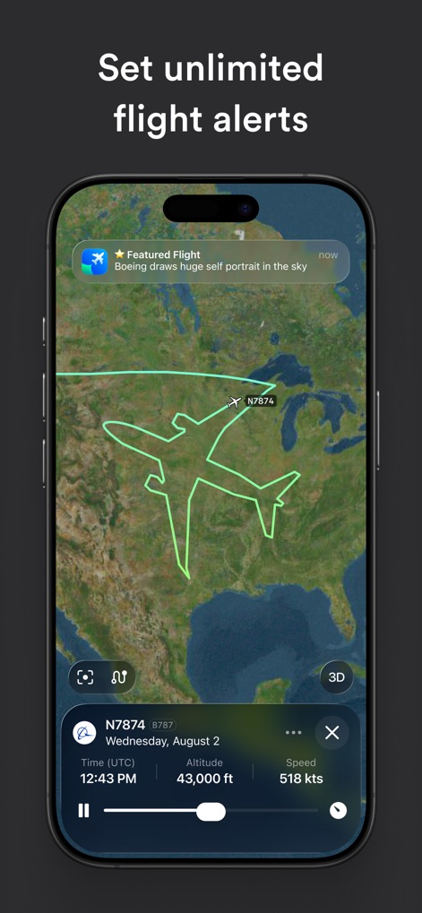 Plane Finder ⁃ Flight Tracker - Users can set "unlimited flight alerts" to stay informed, with visual representations like "flight paths drawn in the sky" indicating specific events or routes.