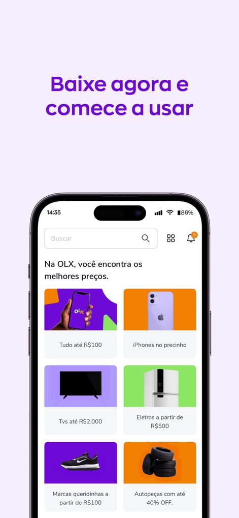 OLX - Comprar e vender online - このアプリは、R$100以下の商品や割引価格のiPhoneなど、多様なカテゴリで手頃な価格帯の商品を豊富に取り揃えていることを示しています。