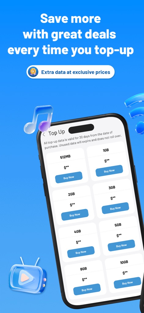 AirTalk Wireless - O aplicativo facilita a recarga de dados, exibindo uma gama de opções de pacotes de dados com preços visíveis, e permitindo que os usuários escolham rapidamente com os botões "Buy Now" (Comprar Agora).